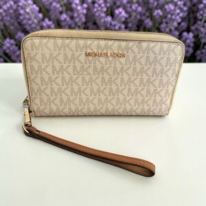 Michael Kors Beige Logo Wristlet with Brown Leather Strap